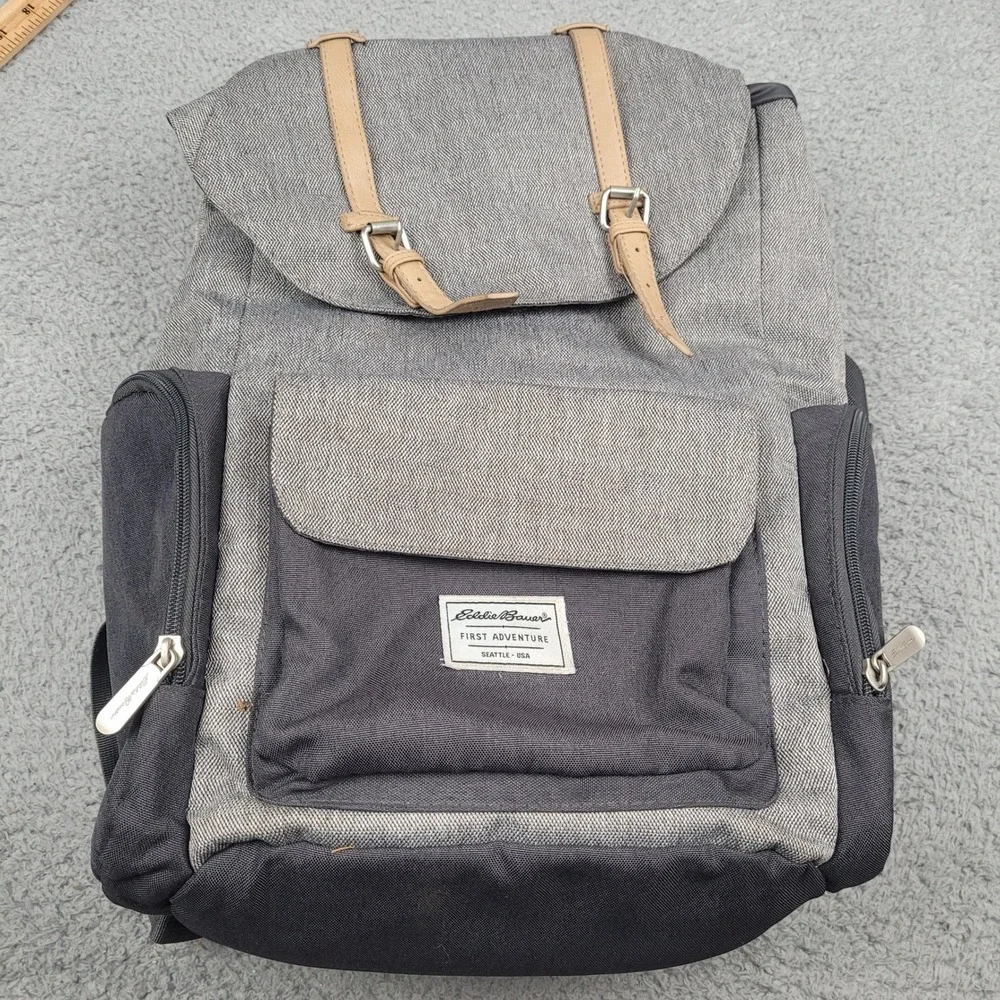 Eddie Bauer First Adventure Backpack Gray Black‎ Canvas Leather Accents Laptop